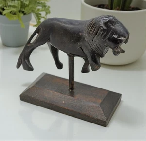 Antique Wooden Lion Figurine Original Old Hand Carved on Stand - Picture 1 of 7