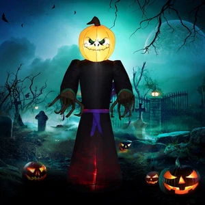 7FT Inflatable Pumpkin Head Scary Reaper LED Light Red Flame Halloween Decor - Picture 1 of 7
