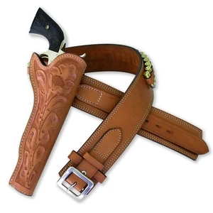 WESTERN LEATHER HOLSTER GUN BELT 44 / 45 BROWN HAND MADE COWBOY REVOLVER PISTOL - Picture 1 of 7