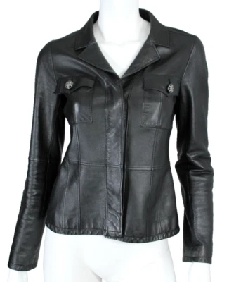 CHANEL 07A черный кожаный вырез лацкан скрытый Placket кнопка спереди куртка 36 - Изображение 1 из 4