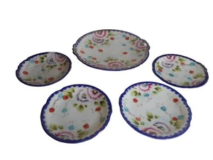 Antik Nippon handbemalt Blumen Beeren blau Dessertteller und Platte Set - Bild 1 von 10