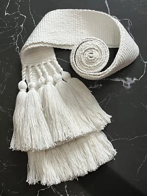 Cotton Belt White Woven Sash Krajka Tribal Tassels Accents Monochrome Strap Boho - Image 1 of 4