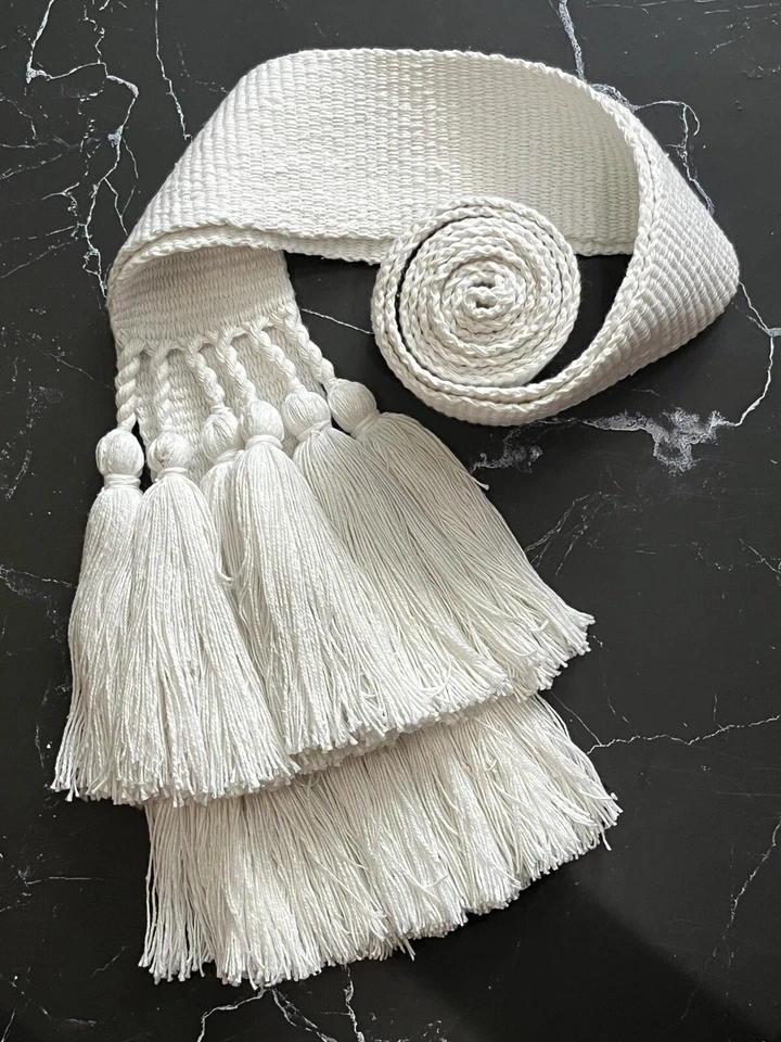 Cotton Belt White Woven Sash Krajka Tribal Tassels Accents Monochrome Strap Boho - Image 1 of 4