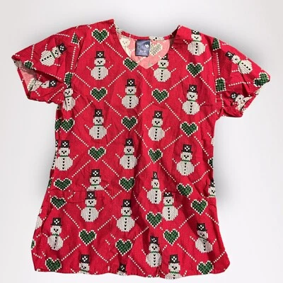 Women’s ZOE+CHLOE Red Snowman Christmas Holiday Scrub Top Size XS - Image 1 of 4