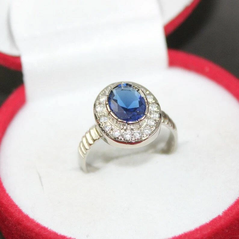 Elegant Oval Shape Blue Zircon Handmade Ring in 925 Silver Sterling for Men - Image 1 of 4