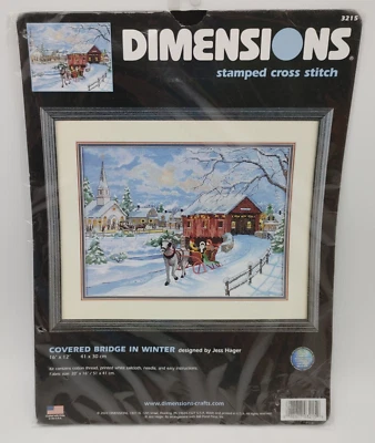 Dimensions Stamped Cross Stitch Kit COVERED BRIDGE IN WINTER Kit #3215 - Image 1 of 4