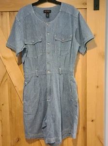 Vintage Gloria Vanderbilt Denim Romper Shorts Size XL Hickory Stripe Train - Picture 1 of 14
