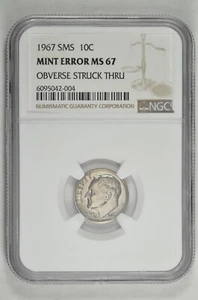 1967 10c SMS Roosevelt Dime NGC MS 67 Mint Error Obverse Struck Thru - Picture 1 of 2