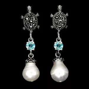 Valentín 925 Pendientes Plata Redondo Circonita Perla Marcasita Gema Joyería - Imagen 1 de 10