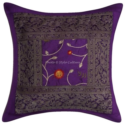 Traditional Polydupion Pillow Case Purple Embroidery Floral Cushion Cover - Image 1 of 3