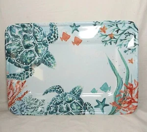 Coastal Home Watercolor Melamine Serving Tray Platter Pastel Sea Turtle 13x18 - Picture 1 of 24