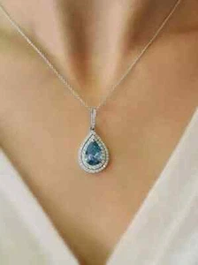 3 CT Pear Simulated Aquamarine & Diamond Necklace 14k White Gold Plated 18" - Picture 1 of 5