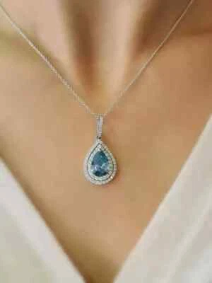 Collar de diamantes y aguamarina simuladas con pera de 3 quilates enchapado en oro blanco de 14 k de 18" Foto 1 de 4