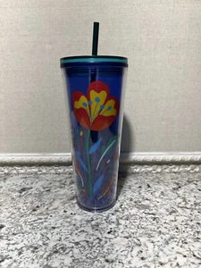 Starbucks Floral Clear Blue Venti Cold Cup Tumbler Acrylic 24 fl oz  - Picture 1 of 4