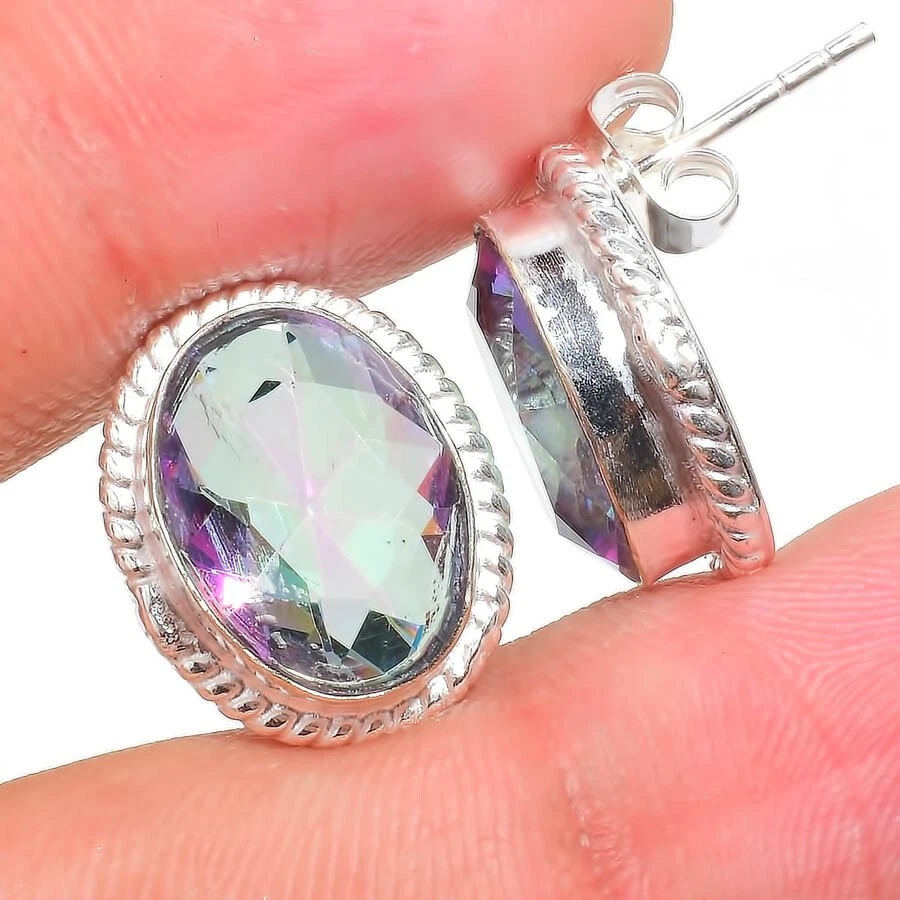 Mystic Topaz Gemstone Handmade 925 Sterling Silver Jewelry Stud Earring Sz 0.75" - Image 1 of 1