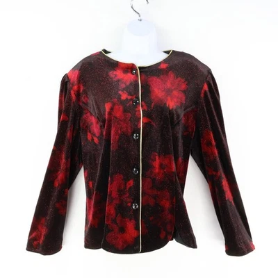 Blazer de noche con botones R&K para mujer 16W rojo negro floral brillante hombreras Foto 1 de 4