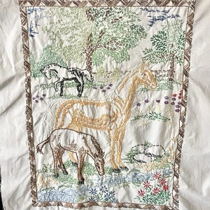 Vintage Embroidered Horse Scene Wall Art Panel Rustic Farmhouse Western Decor - Picture 1 of 9