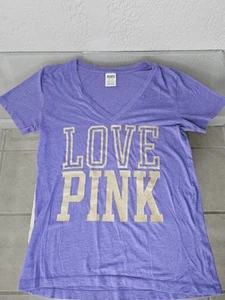 Med Y2K Victorias Secret PINK VNECK LOVE PINK Gold Glitter Logo Lilac RARE 00'S - Bild 1 von 7