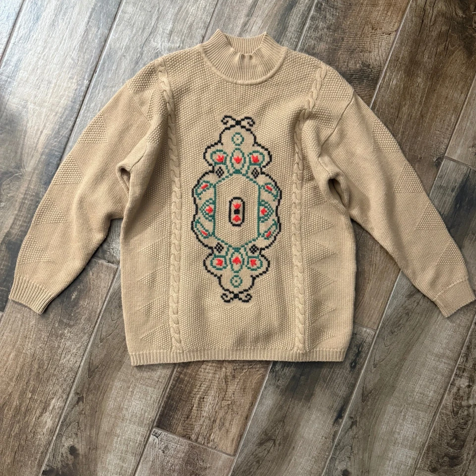 Suéter Liz Claiborne Vintage Mujer Geo Patrón Cuello Simulado Lana Merino, Bronceado, M Foto 1 de 4