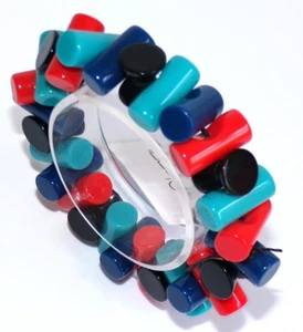 Sobral Cilindros Blue, Red & Black Cylinder Beads Artist Made Stretch Bracelet - Picture 1 of 6