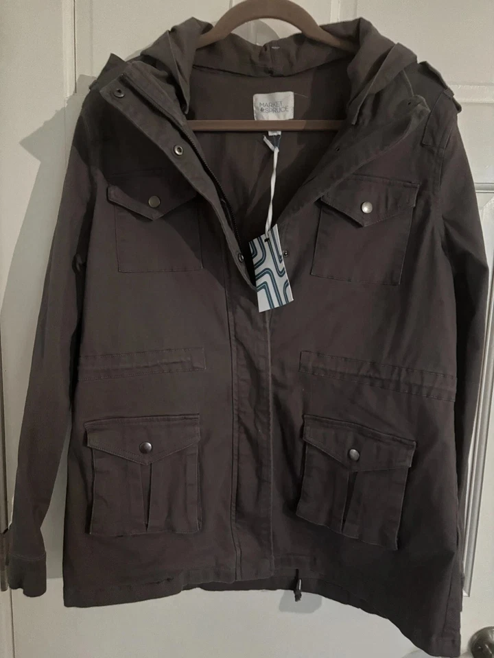 Market & Spruce Women's Utility Hooded Cargo Jacket Size L, Dark Gray, 4-Pocket - Image 1 of 4