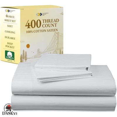 Sábanas de satén de algodón tamaño completo a rayas de 4 piezas - Cómodas de bolsillo profundo Foto 1 de 4