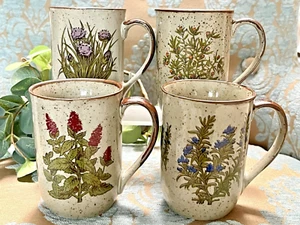 VTG Wildflower Stoneware Coffee Mug SET/4 Various Floral Images Speckled Mugs - Picture 1 of 10