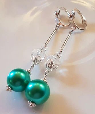 OHRCLIPS  CLIPS VERSILBERT 14 mm GRÜNE PERLEN KRISTALL PERLEN TRANSPARENT/KLAR - Bild 1 von 2