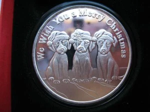 1-OZ.CUTE 3 CHRISTMAS PUPPIES PURE 999 SILVER 2018 ENGRAVABLE GIFT COIN+GOLD - Picture 1 of 8