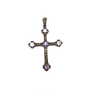 VTG Sterling Silver 925 Marcasite Amethyst 2.5" Cross Pendant Gothic Unisex - Picture 1 of 4