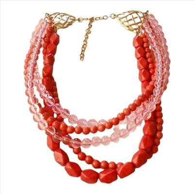 Collar Mujer 5 Hilos Rojo Brillante y Rosa Lucite Cuentas Multi Hilo Foto 1 de 4