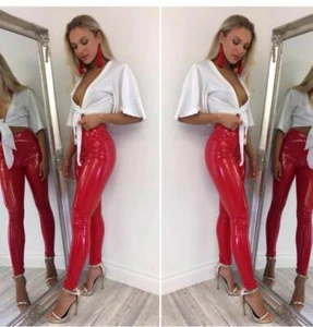 Damen Vinyl PVC Nasslook glänzend Disco elastisch hochtaillierte Leggings Hose - Bild 1 von 18