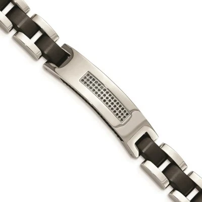 Mens 8.5" Stainless Steel Brushed and Polished Black Plated and CZ Bracelet - Image 1 of 4