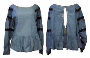 Anthropologie RAGA L Chambray Swing Top Gold Bronze Beaded Sequin Boho Cutout - Picture 1 of 8