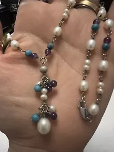 Beautiful Gems Solid Silver Real Pearls Amethyst & Turquoise Necklace Lavalier - Picture 1 of 14