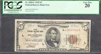 $5 1929 FRBN San Francisco Fr. 1850-L =KEY TO SERIES= PCGS VF 20 - Image 1 of 2
