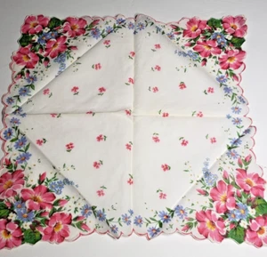 Rosa Blau Grün gewellter Rand Blumen Taschentuch Taschentuch Boho Vintage MCM LESEN - Bild 1 von 3