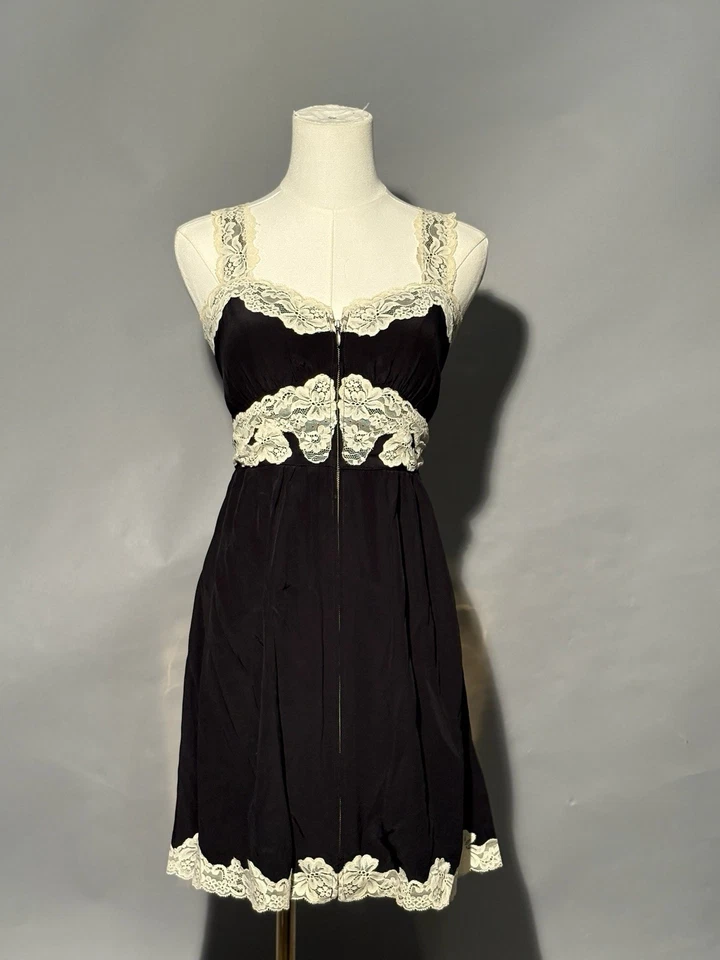 vintage Betsey Johnson black silk dress with ivory Chantilly lace trim Front Zip - Image 1 of 4