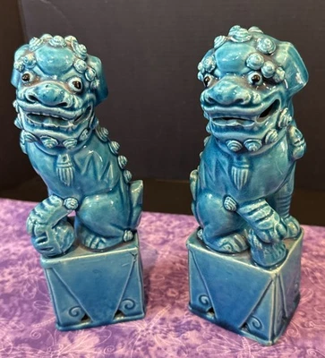 Vintage Pair of Chinese Blue Turquoise Glazed Standing Ceramic Foo Dogs READ - Image 1 of 4