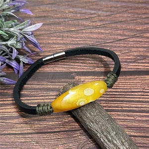 Regalo di Natale ~ Bracciale Corda Pelle di Vacchetta Agata Occhio Gobi Cina Interno Mongolia - Foto 1 di 8