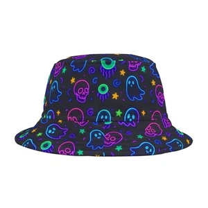 Neon Halloween Ghost Skull Eyeball Bucket Hat Glow in Dark Rave Festival Party - Picture 1 of 10