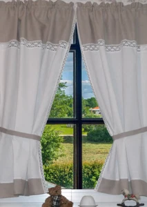Landhaus Gardine Set 2 St weiß/grau Leinen 120x75Gesamt150cm breit+2 Bindebänder - Bild 1 von 1