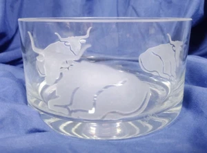 Etched Crystal Southwestern Style Bowl by Wagner - Longhorn Cattle - 5" x 3" - Picture 1 of 8