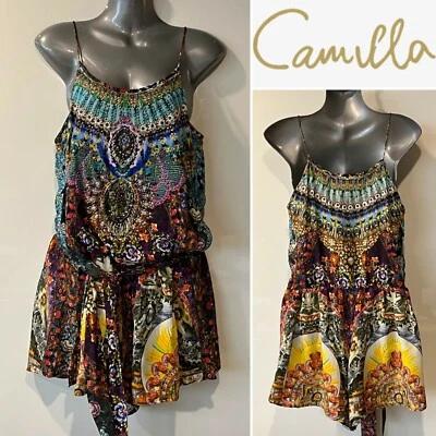 CAMILLA $599 Seda Crepe de China Multicolor Mameluco con Cinturón, Mono, Cristales 2/S Foto 1 de 4
