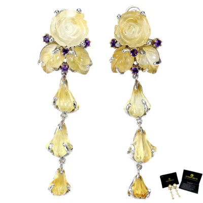 Pendientes de plata de ley 925 hechos a mano talla de rosa citrino 40ct joyas de piedras preciosas Foto 1 de 4