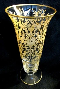 NICE VTG. ETCHED GLASTONBURY ELEGANT GLASS VASE GOLD LOTUS ROSE PATTERN - Picture 1 of 3