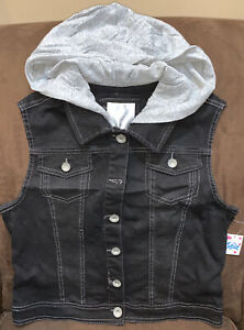 JUSTICE BLACK DENIM VEST  W/HOOD SIZE 16/18  GREAT ACCESSORY SUPER CUTE!!