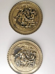 Brass Plates Wall Embossed Set Of 2 Hanging Antique Vintage 15cm - Picture 1 of 14