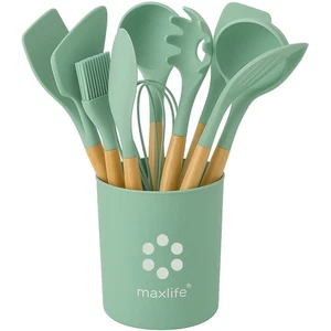MaxLife Silicone Cooking Utensil Set with Holder, 12-Piece – Sage Green, Wooden - Picture 1 of 8