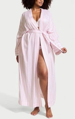 NWT Victorias Secret Pink White Stripe Long Cotton Robe XL/XXL Belt Tie Pockets - Image 1 of 4